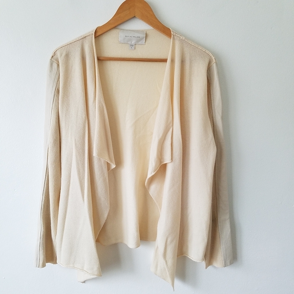 Brochu Walker Wool Cashmere Drape Open Front Leather Panel Sleeve Cardigan Large